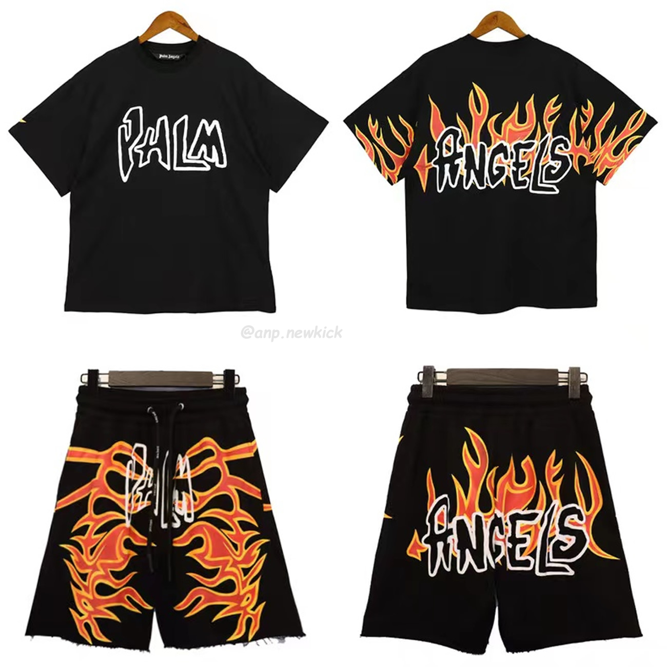 Palm Angels Graffiti Flame T Shirt Shorts Black White (6) - newkick.vip